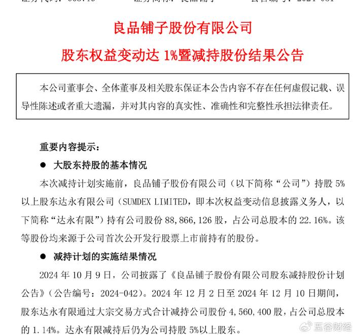今日资本再抛减持计划 良品铺子2024年预亏2500万到4000万